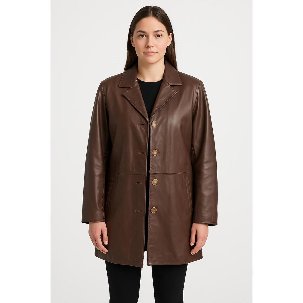 Large Womens Brown Leather Jacket Stylish Classic Casual Wear Button‎ Up Coat 54